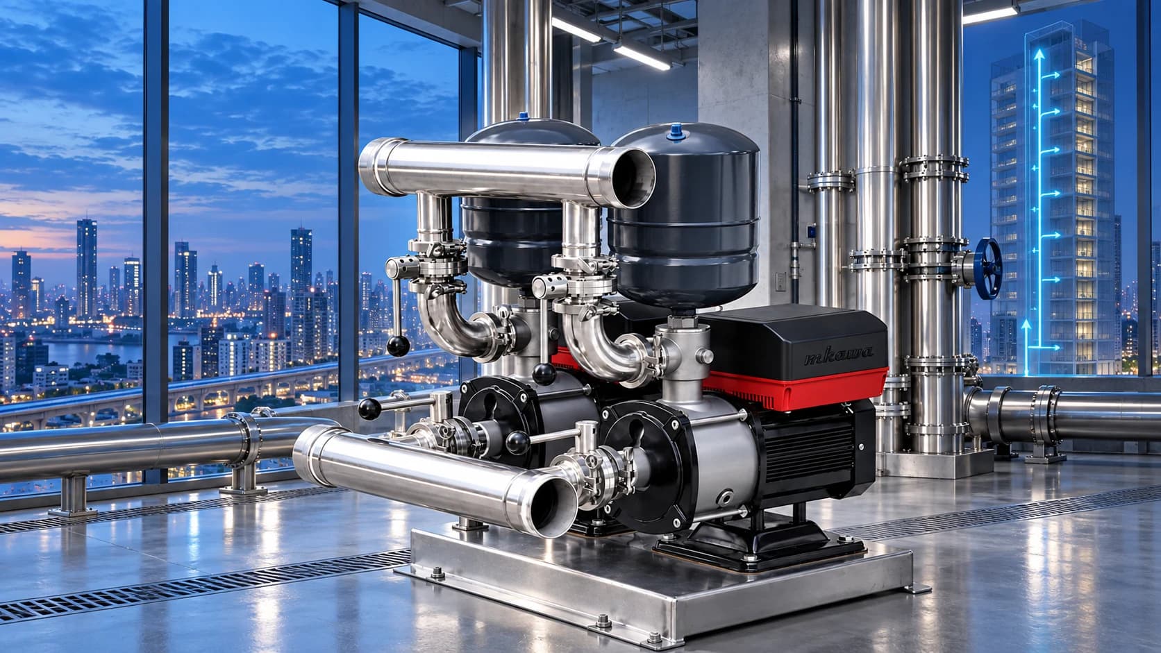 Mkawa twin-pump booster system installed in a high-rise building plant room