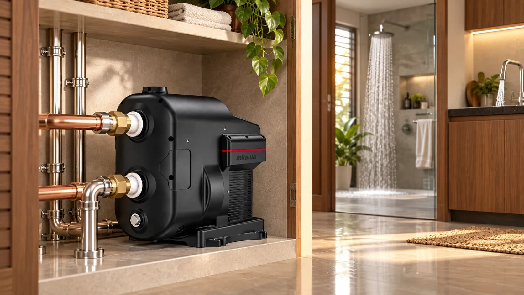 Mkawa compact pressure booster installed in a modern home water system