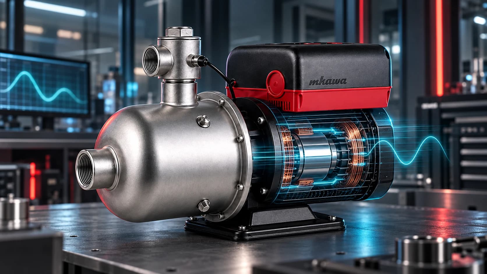 Mkawa permanent-magnet pump with a technical motor cutaway in an engineering laboratory